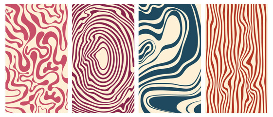 Groovy hippie 70s vector backgrounds set. Chessboard and twisted patterns. Backgrounds in trendy retro trippy style. Twisted and distorted vector texture in trendy retro psychedelic style