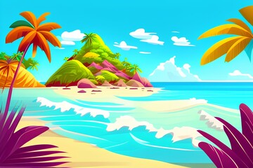 Obraz premium Tropical island in the ocean sea. Exotic natural landscape. Summer vacation. Vector illustration - generative ai