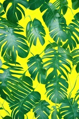 tropical summer background, green leaves on yellow background - generative ai