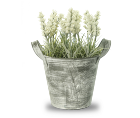 Flores artificiales de sol y lavanda en macetas de aluminio vintage decoración de ambientes. sin fondo, transparente, png.