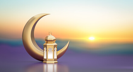 Ramadan Kareem. Ramadhan or Eid Mubarak greeting background. Golden Moon and lantern 3d render
