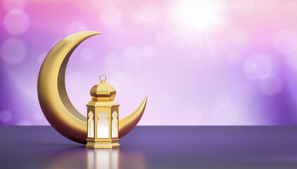 Ramadan Kareem. Ramadhan or Eid Mubarak greeting background. Golden Moon and lantern 3d render