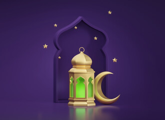 Ramadan Kareem. Ramadhan or Eid Mubarak greeting background. Golden Moon and lantern 3d render
