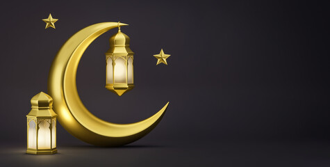 Ramadan Kareem. Ramadhan or Eid Mubarak greeting background. Golden Moon and lantern 3d render