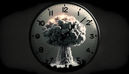 Doomsday Clock, nuclear war. Countdown to midnight, atomic bomb explosion. Apocalypse. Generative AI