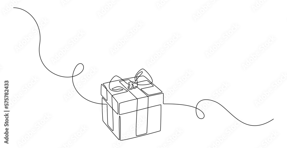Poster one continuous line drawing of christmas present box with ribbon and bow. festive gift and wrapped b