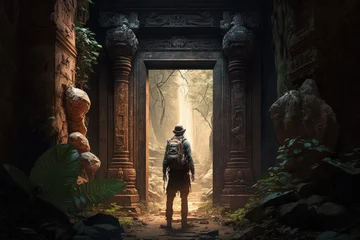 Rolgordijnen Bedehuis Explorer at ancient temple door in forest, temple lost in the jungle, Generative AI 