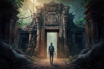 Explorer at ancient temple door in forest, temple lost in the jungle, Generative AI
