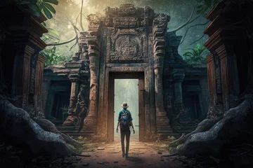 Cercles muraux Lieu de culte Explorer at ancient temple door in forest, temple lost in the jungle, Generative AI 