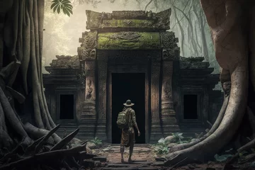 Peel and stick wall murals Place of worship Explorer at ancient temple door in forest, temple lost in the jungle, Generative AI 