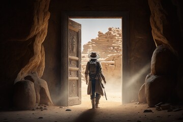 Archaeologist at ancient temple door in desert, Generative AI - obrazy, fototapety, plakaty