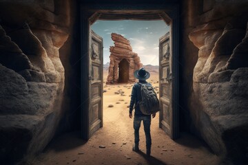 Archaeologist at ancient temple door in desert, Generative AI - obrazy, fototapety, plakaty