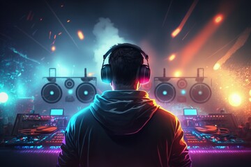 DJ playing at a party, DJ from the back playing at a club with lights, Generative AI