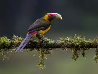 Saffron Toucanet portrait on  mossy stick on rainy day against dark background