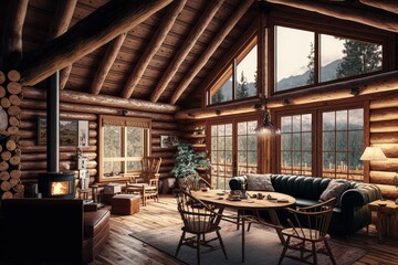 Wooden cabin interior in the mountains, modern wooden house in pine forest, Generative AI
 - obrazy, fototapety, plakaty