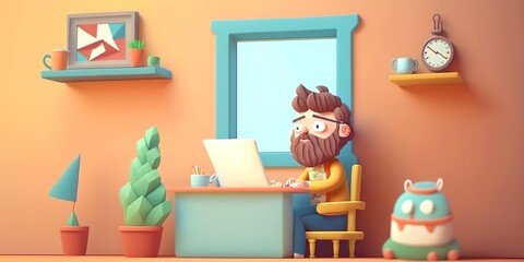 funny cartoon style hipster working on a computer, pastel colors, generative AI