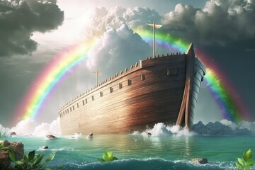 Noah's Ark in the water and rainbow in the background, Generative AI