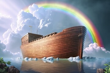 Noah's Ark in the water and rainbow in the background, Generative AI