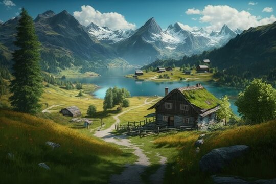 Swiss landscape with house, lake, mountains and pine trees, Switzerland summer landscape background, Generative AI
