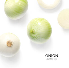 Creative layout made of onion on white background. Flat lay. Food concept. 
