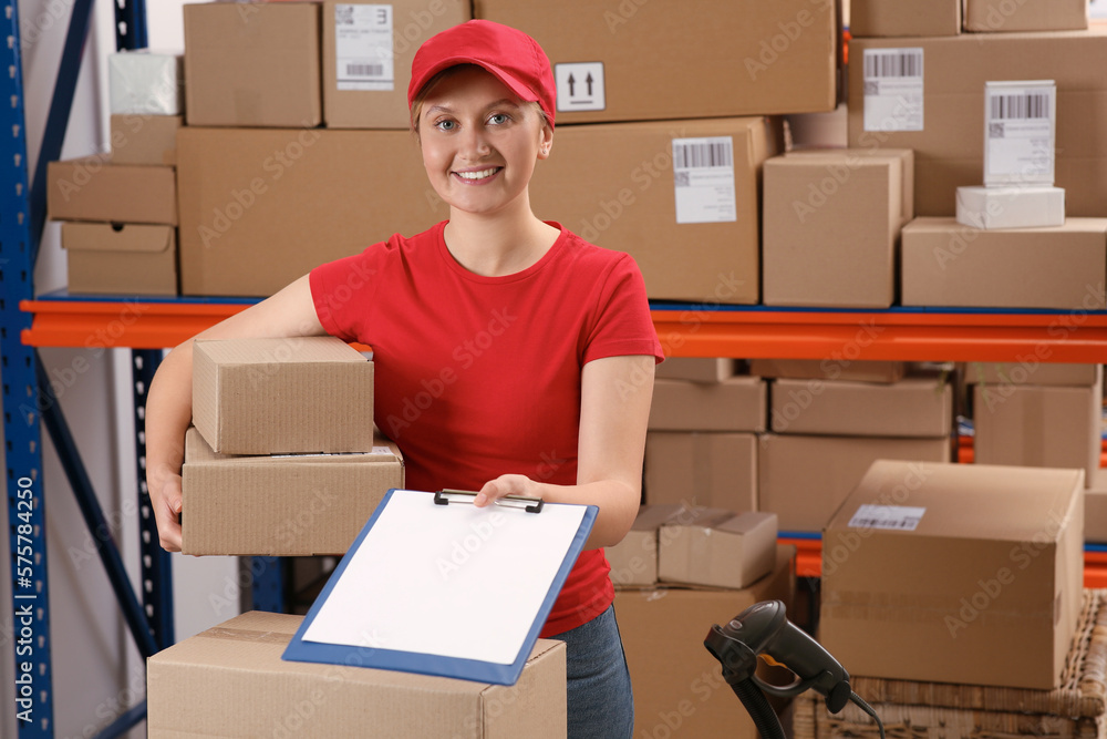 Poster Post office worker with parcels and clipboard near rack indoors