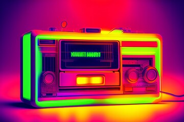 Vintage cassette tape player in neon light. 90s advertisement style. Disco party nostalgy concept - generative ai