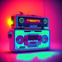 Vintage cassette tape player in neon light. 90s advertisement style. Disco party nostalgy concept - generative ai