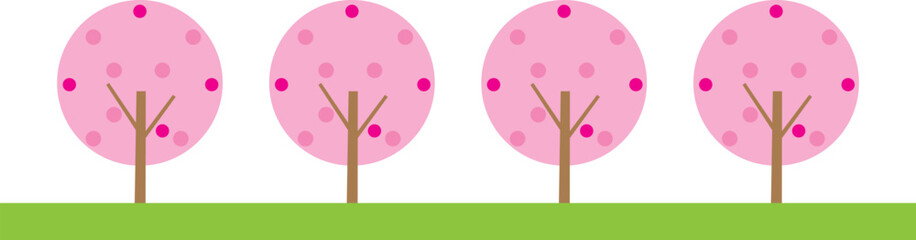 北欧風の桜満開の風景の背景フレームイラスト・春・四月・花見・ピンク・コピースペース