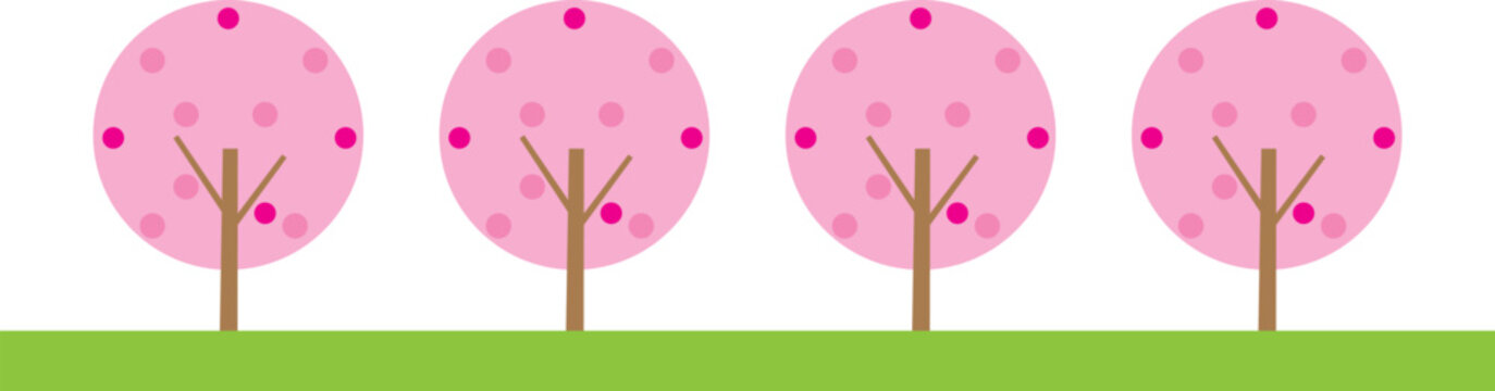 北欧風の桜満開の風景の背景フレームイラスト・春・四月・花見・ピンク・コピースペース