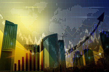 Stock exchange concept. Modern buildings, world map, charts and arrows, multiple exposure