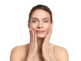 Fototapeta premium Woman massaging her face on white background