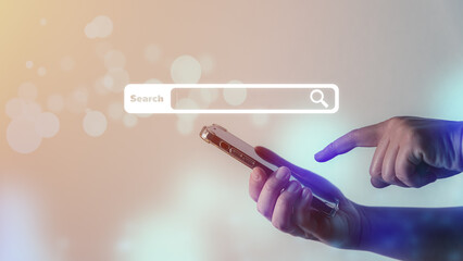 Man hand touching searching on smartphone to search engine information, internet of things (IOT).