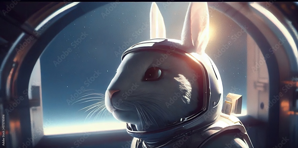 Poster bunny spaceman in space exploring new worlds generative ai