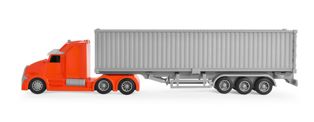 Toy truck with container isolated on white. Export concept