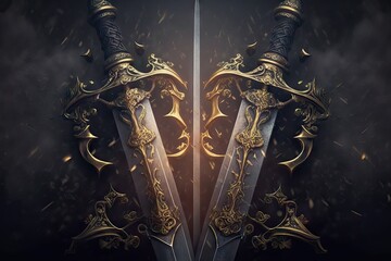 Crossed Swords as a Sign of Power and Clash of Powers with high details on the iron and gold, on a very emblematic weapon, generative ai