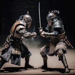 Fight Between Warriors with a Sword and another Hand Weapons, generative ai