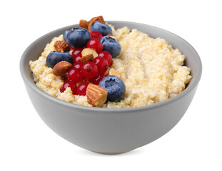 Bowl of delicious cooked quinoa with almonds, cranberries and blueberries isolated on white