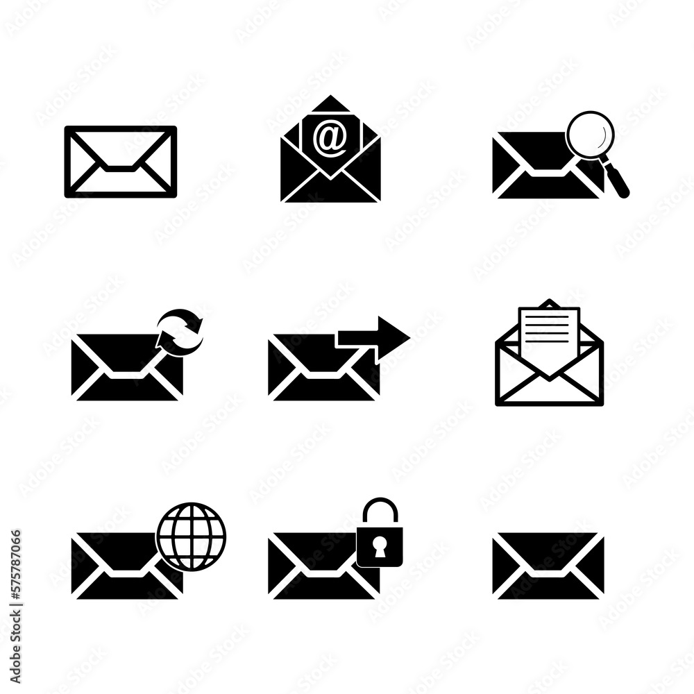 Poster black isolated email icons set on white background..eps
