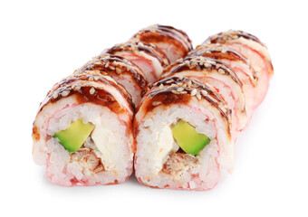 Delicious fresh sushi rolls with shrimp on white background