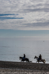 men on horseback on the beach 