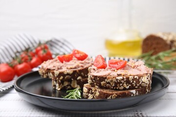 Fototapeta na wymiar Delicious liverwurst sandwiches served on white wooden table, closeup