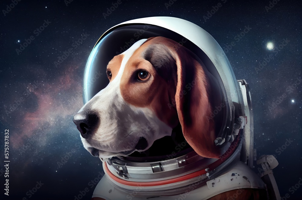 Poster dog astronaut in outer space in a space suit generative ai