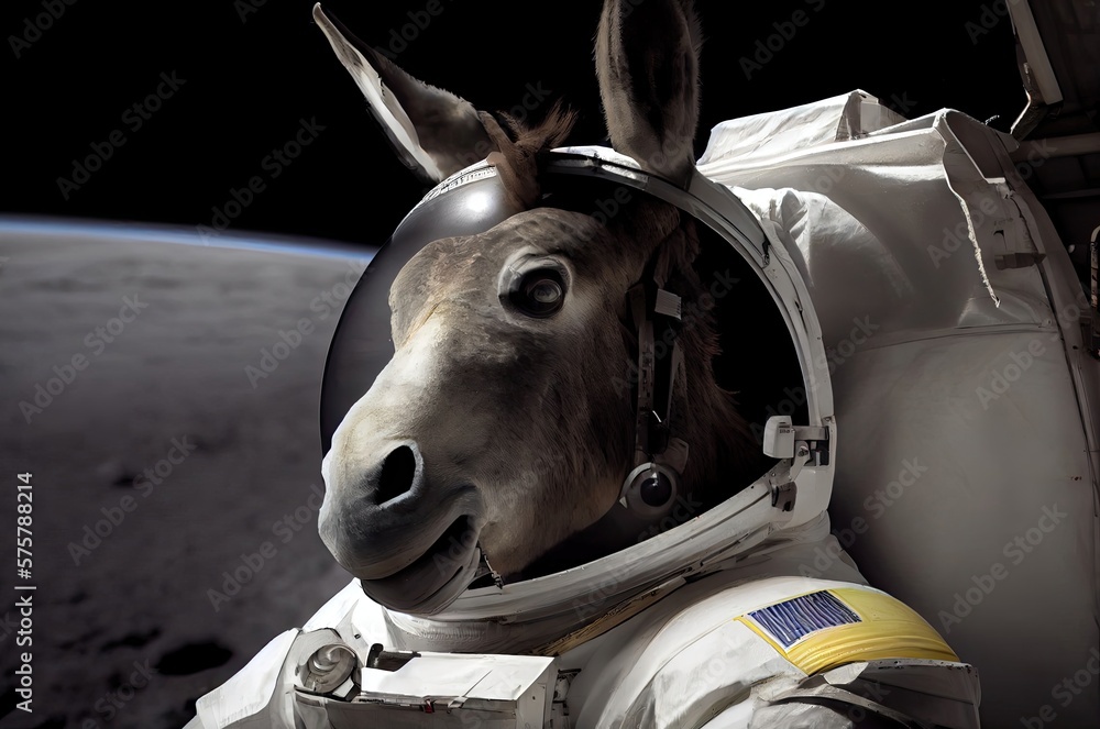 Poster donkey astronaut in outer space in a space suit generative ai