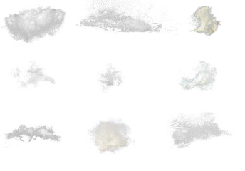 Set of translucent water splashes, drops and crowns in light blue colors, isolated on transparent background