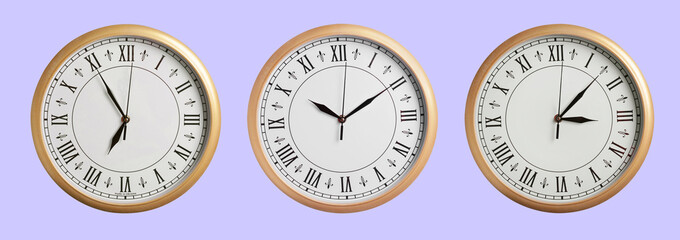 Stylish clock showing different time on pale purple background, collage design