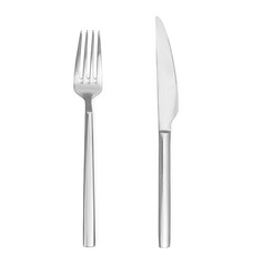 Shiny silver knife and fork on white background, top view
