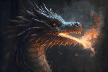 Fototapeta na wymiar dragon breathing fire created using AI Generative Technology