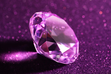 Fototapeta premium Beautiful diamond on shiny purple background, closeup