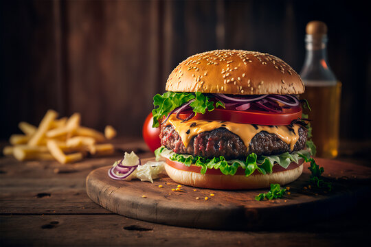 Tasty homemade hamburger on rustic wooden table. Copy space. Advertising. AI generated. Fast food snack