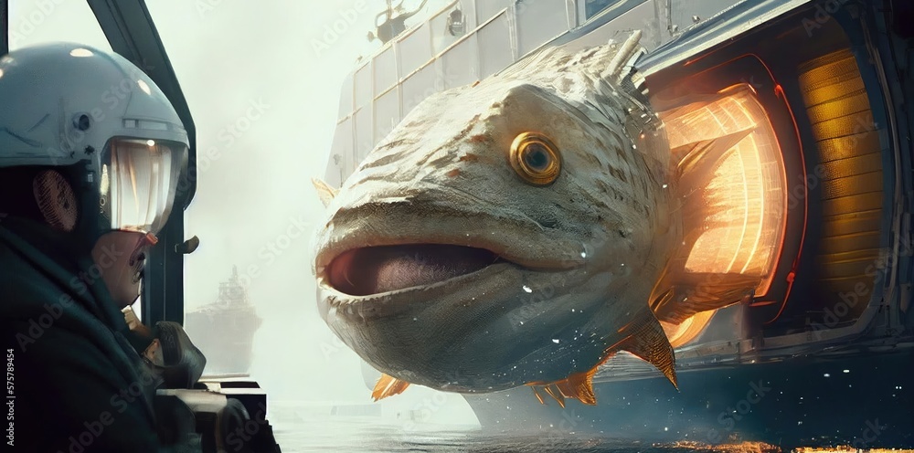 Poster fish spaceman in outer space exploring generative ai